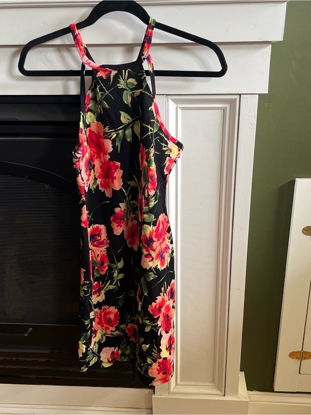 Floral Halter Swing Dress - Black with Pink/Coral Blooms